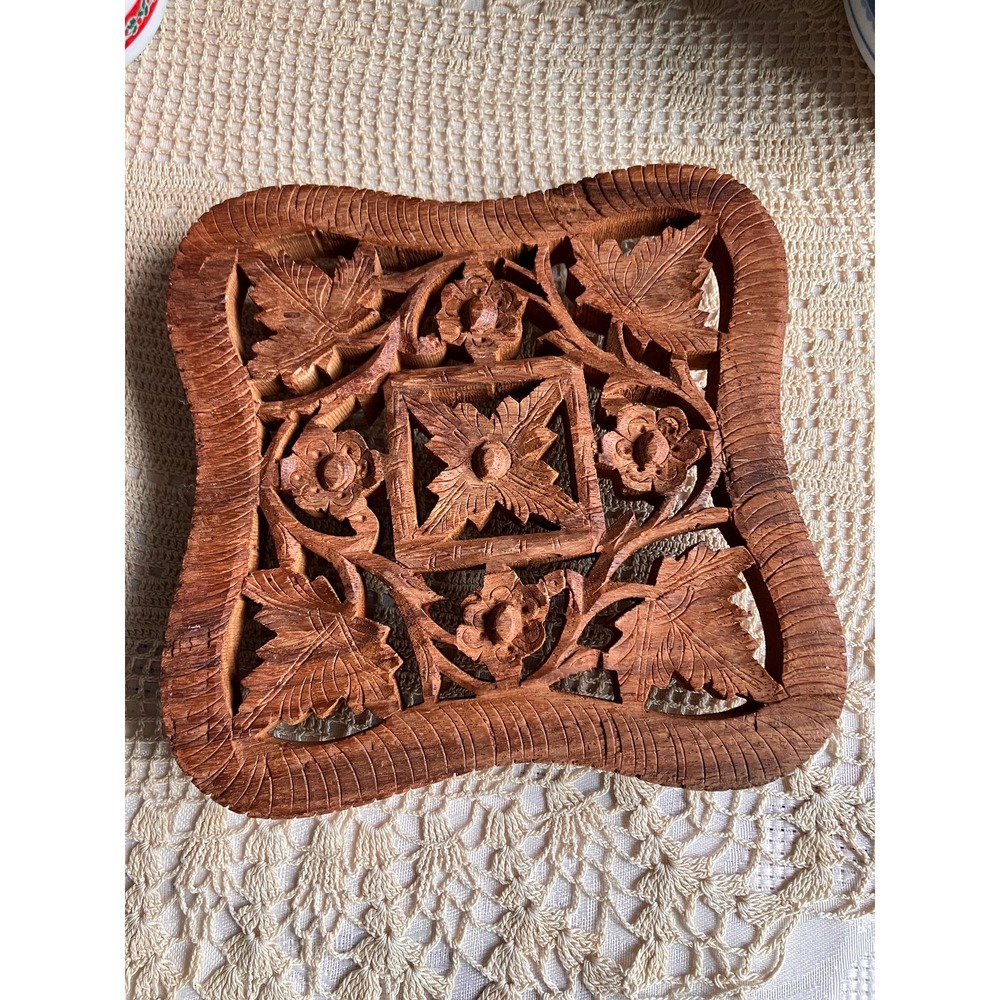 Vintage Hand Carved Wooden Trivet, India Floral Leaf Scrollwork Hot Plate